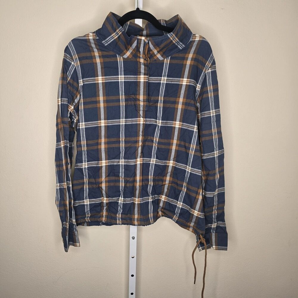 L.L. Bean Signature Women's L Grayish Blue Plaid 1/4 Button Pullover Drawstring - Picture 2 of 14